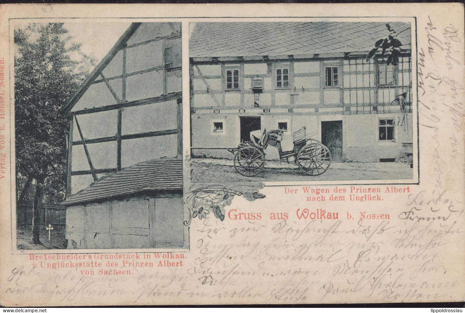 Gest. O-8261 Wolkau Bretschneiders Grundstück Mit Dem Unglücksauto Des Prinzen Albert Von Sachsen 1901, Briefmarke Entfe - Lommatzsch