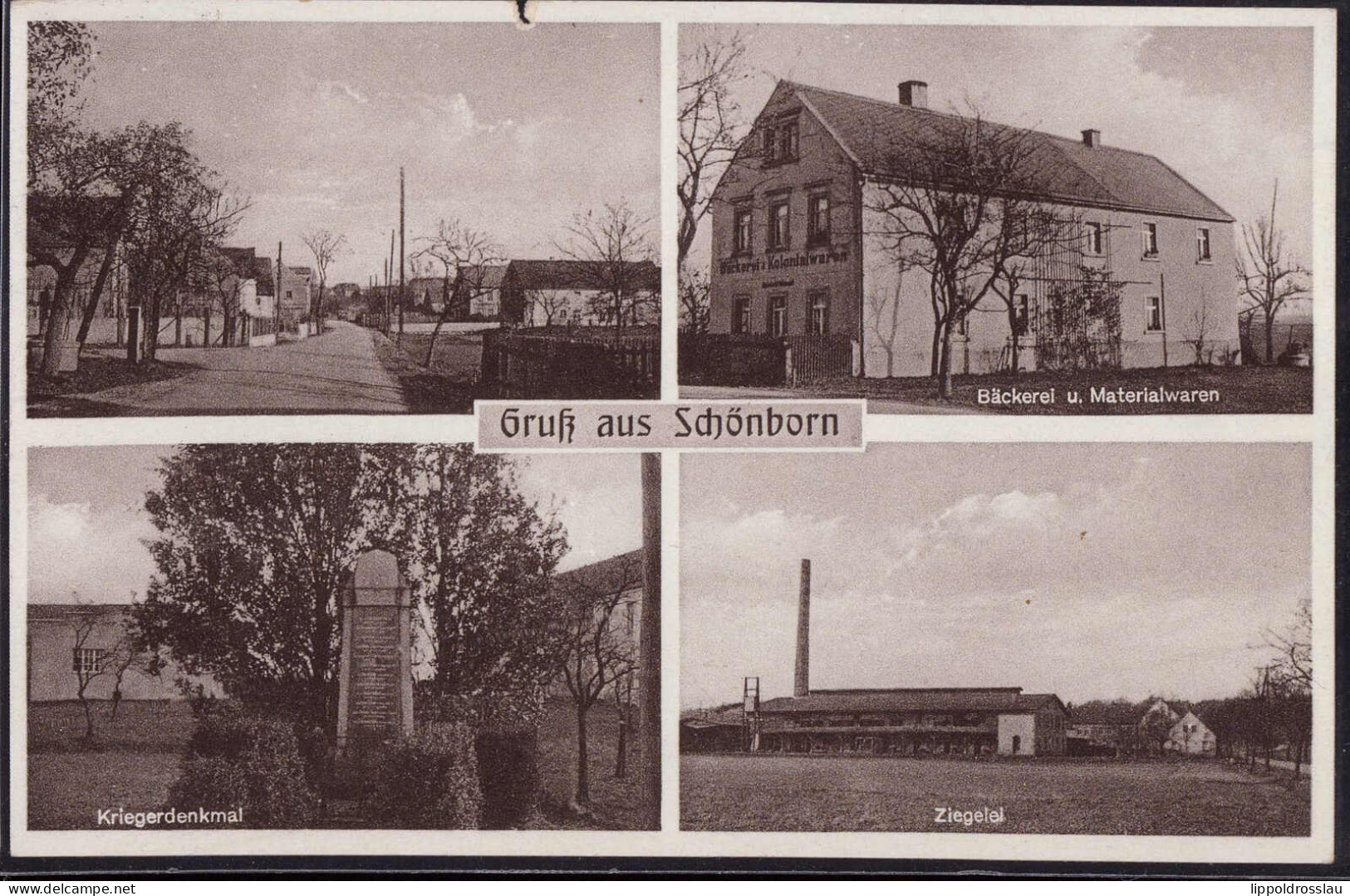 Gest. O-8281 Schönborn Bäckerei Ziegelei Kreigerdenkmal 1942, Randkerbe 3mm - Grossenhain