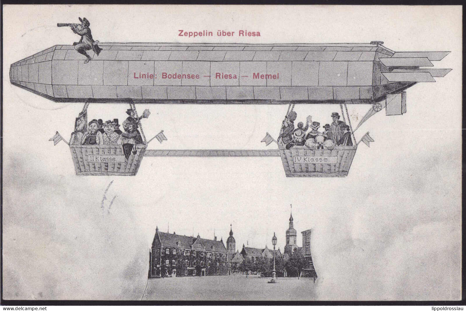 Gest. O-8400 Riesa Zeppelin über Der Stadt, Humor 1908 - Riesa