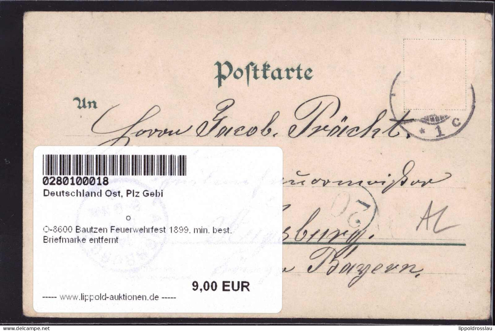 Gest. O-8600 Bautzen Feuerwehrfest 1899, Min. Best. Briefmarke Entfernt - Bautzen