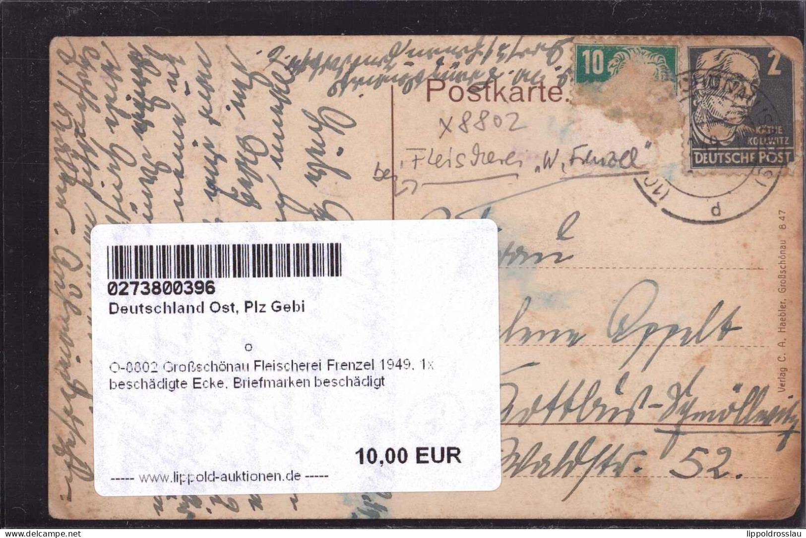 Gest. O-8802 Großschönau Fleischerei Frenzel 1949, 1x Beschädigte Ecke, Briefmarken Beschädigt - Zittau