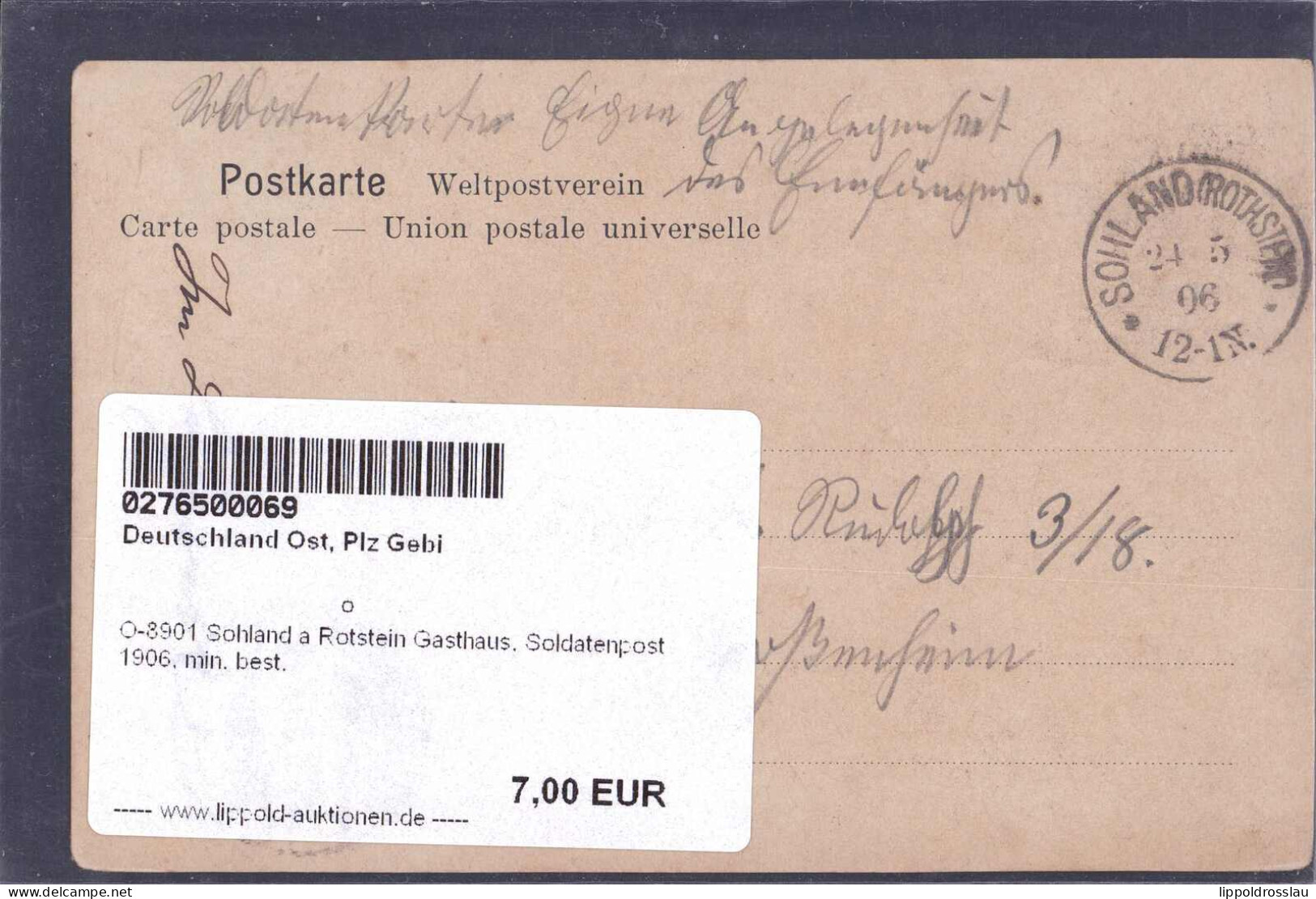 Gest. O-8901 Sohland A Rotstein Gasthaus, Soldatenpost 1906, Min. Best. - Goerlitz