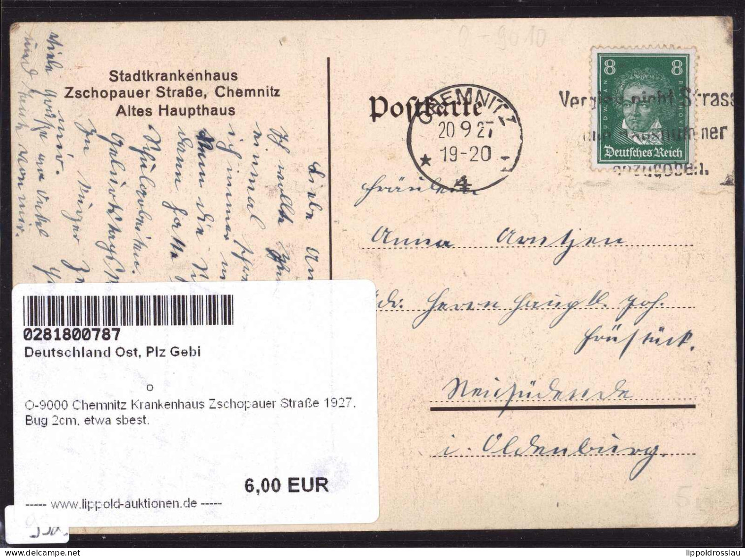 Gest. O-9000 Chemnitz Krankenhaus Zschopauer Straße 1927, Bug 2cm, Etwa Sbest. - Chemnitz (Karl-Marx-Stadt 1953-1990)