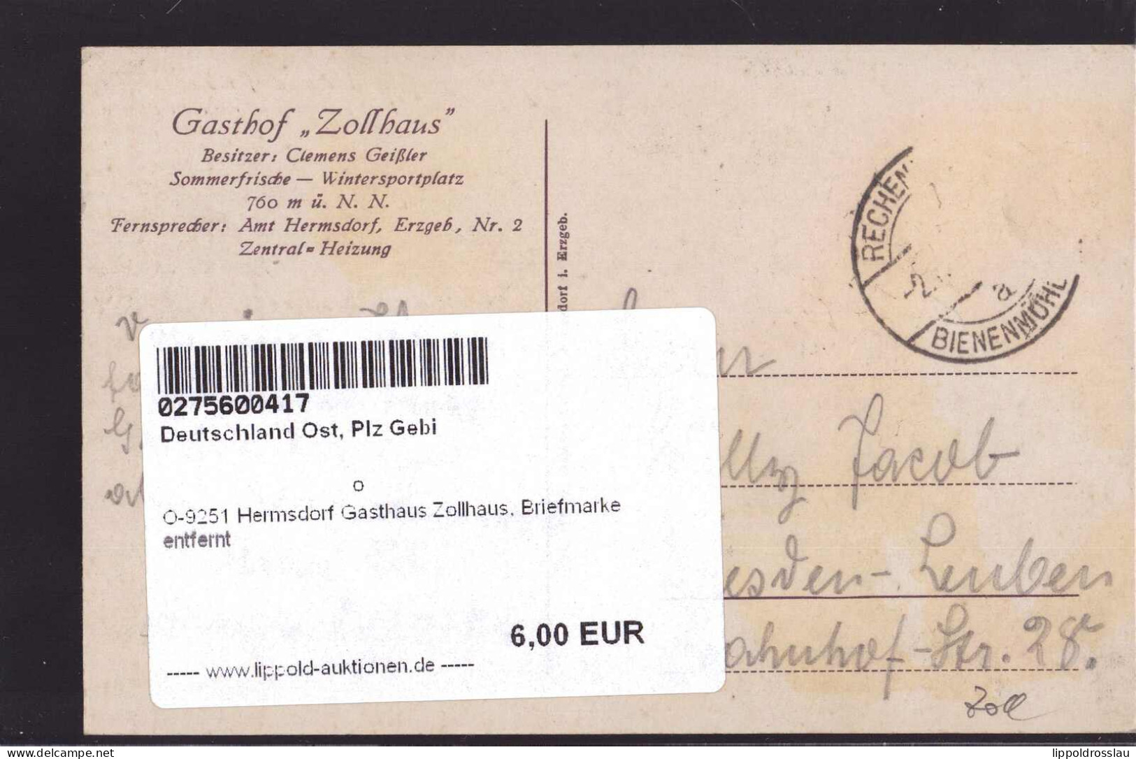 Gest. O-9251 Hermsdorf Gasthaus Zollhaus, Briefmarke Entfernt - Mittweida