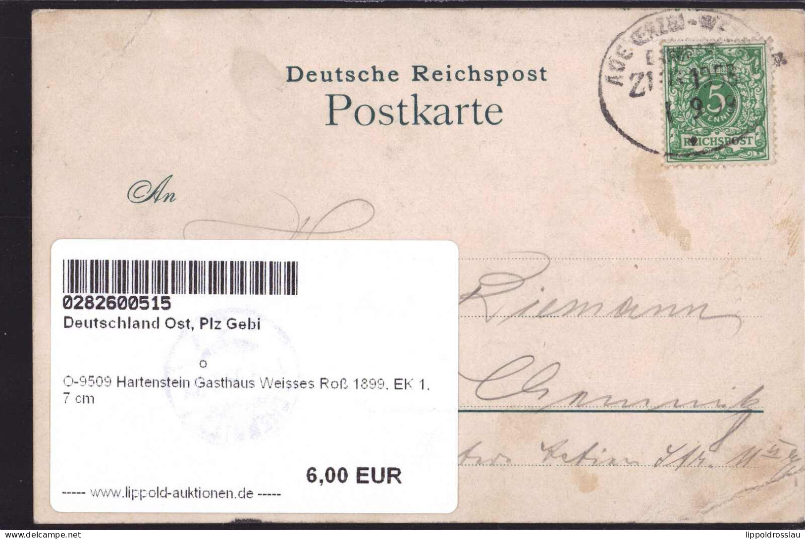 Gest. O-9509 Hartenstein Gasthaus Weisses Roß 1899, EK 1,7 Cm - Zwickau