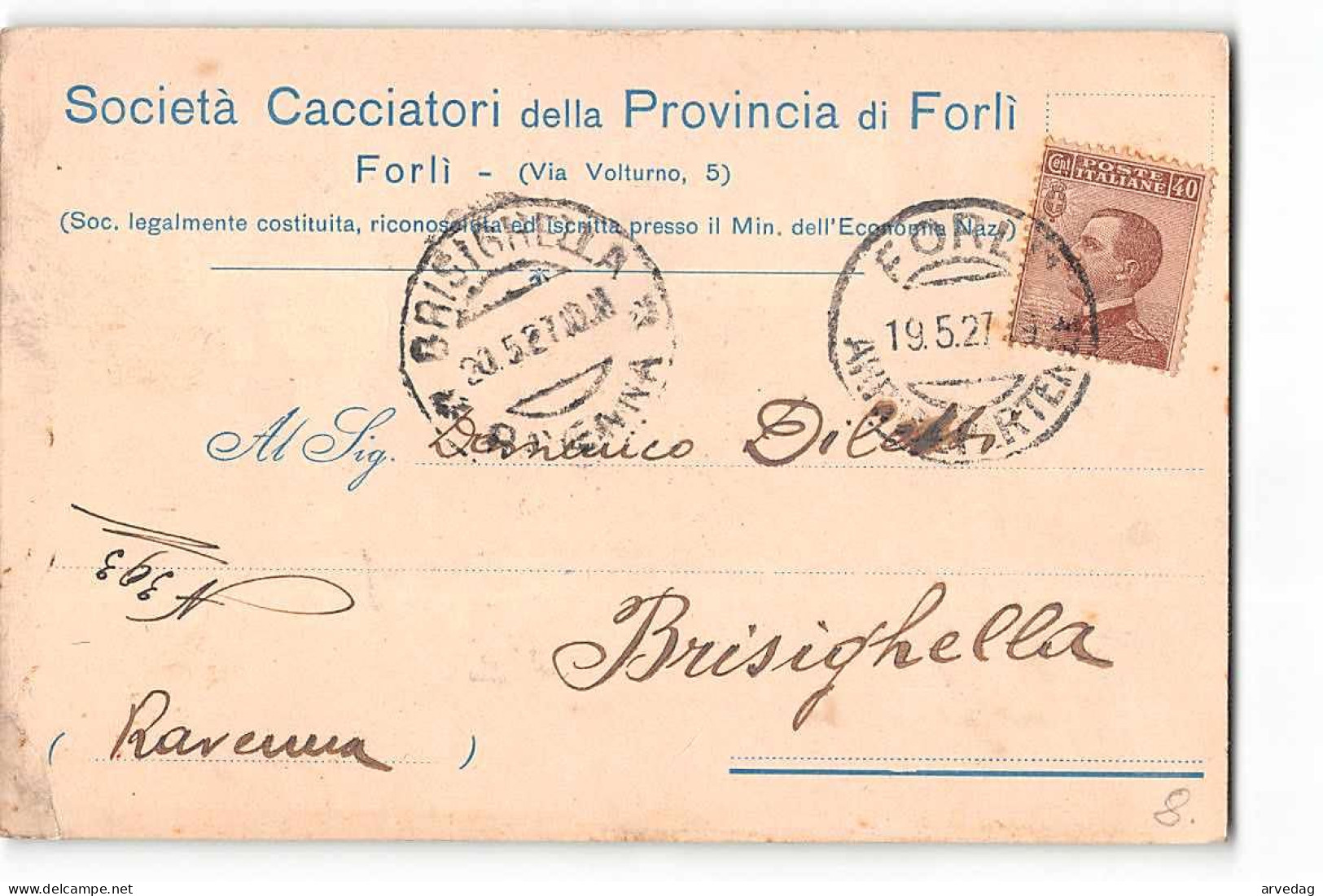 16468 SOCIETA CACCIATORI PROVINCIA FORLI X BRISIGHELLA - Storia Postale