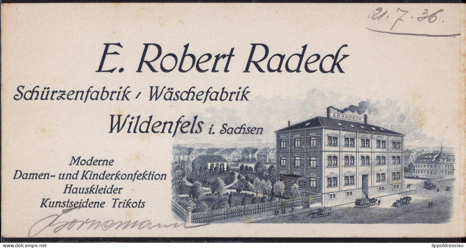 * O-9532 Wildenfels Wäschefabrik Radeck 1936, Vertreterkarte Keine AK - Zwickau