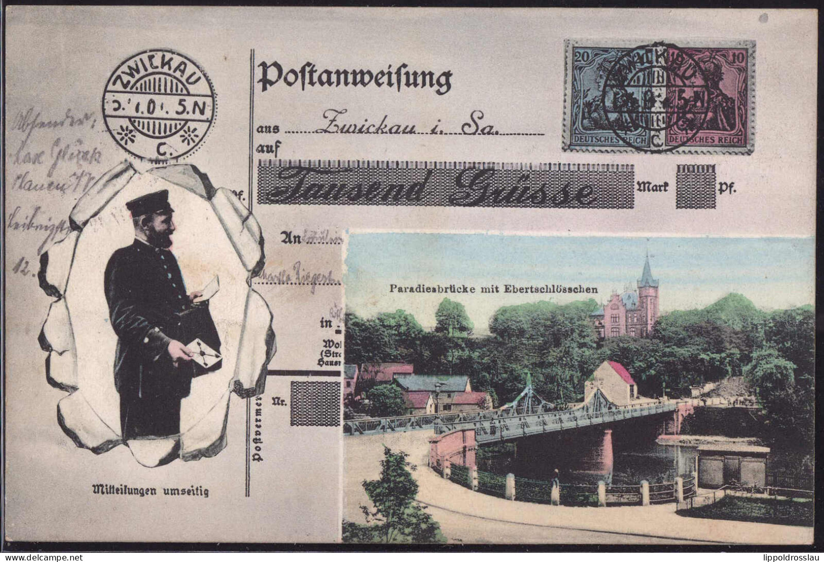 Gest. O-9540 Zwickau Paradiesbrücke, Postanweisung 1907 - Zwickau