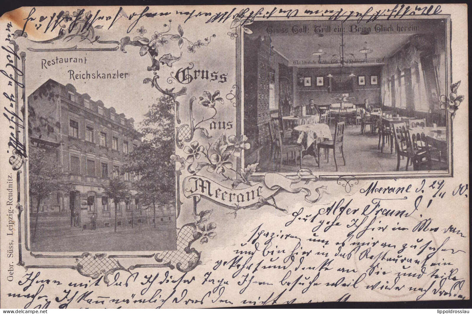 Gest. O-9612 Meerane Gasthaus Reichskanzler 1900, Brand-Eckfehler Oben Links, Unterrand Beschn. - Glauchau