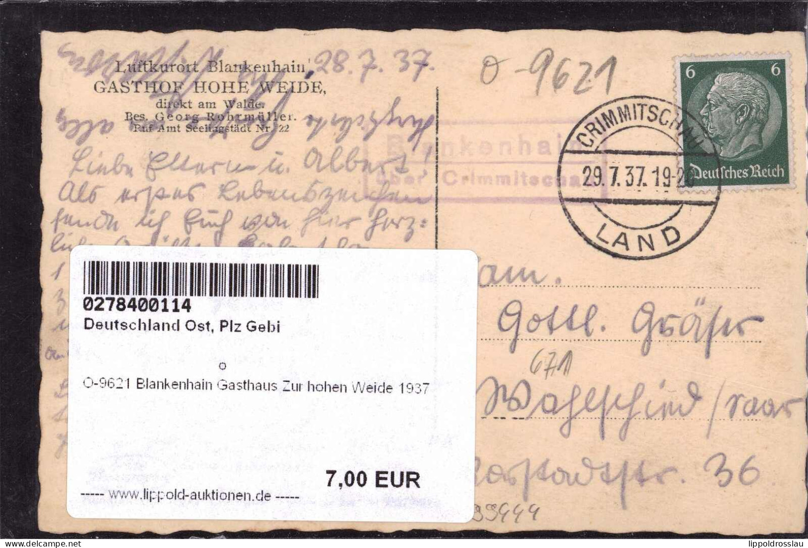 Gest. O-9621 Blankenhain Gasthaus Zur Hohen Weide 1937 - Werdau