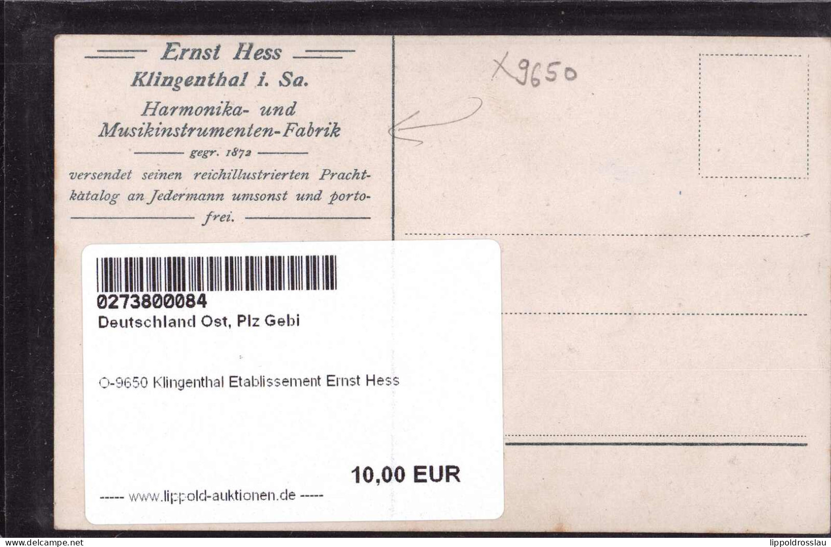 * O-9650 Klingenthal Etablissement Ernst Hess - Klingenthal