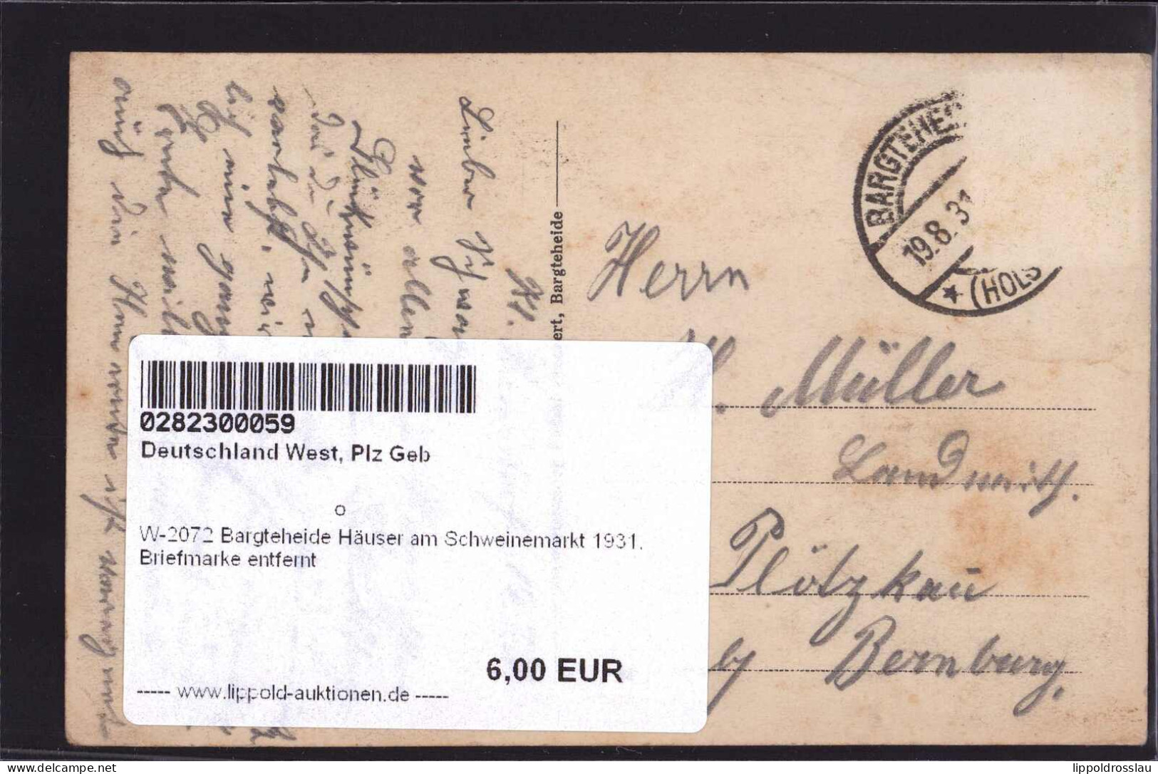 Gest. W-2072 Bargteheide Häuser Am Schweinemarkt 1931, Briefmarke Entfernt - Ahrensburg