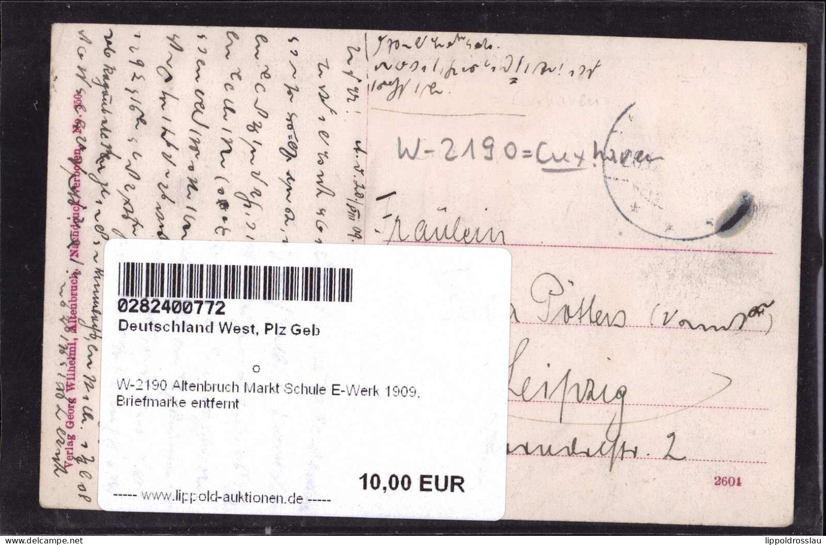 Gest. W-2190 Altenbruch Markt Schule E-Werk 1909, Briefmarke Entfernt - Cuxhaven