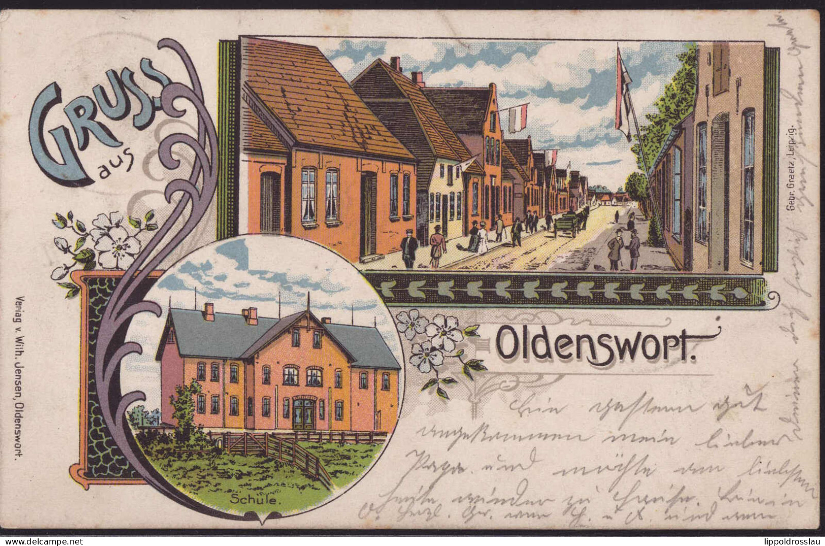 Gest. W-2251 Oldenswort Schule Straßenpartie 1905, Briefmarke Entfernt - Husum