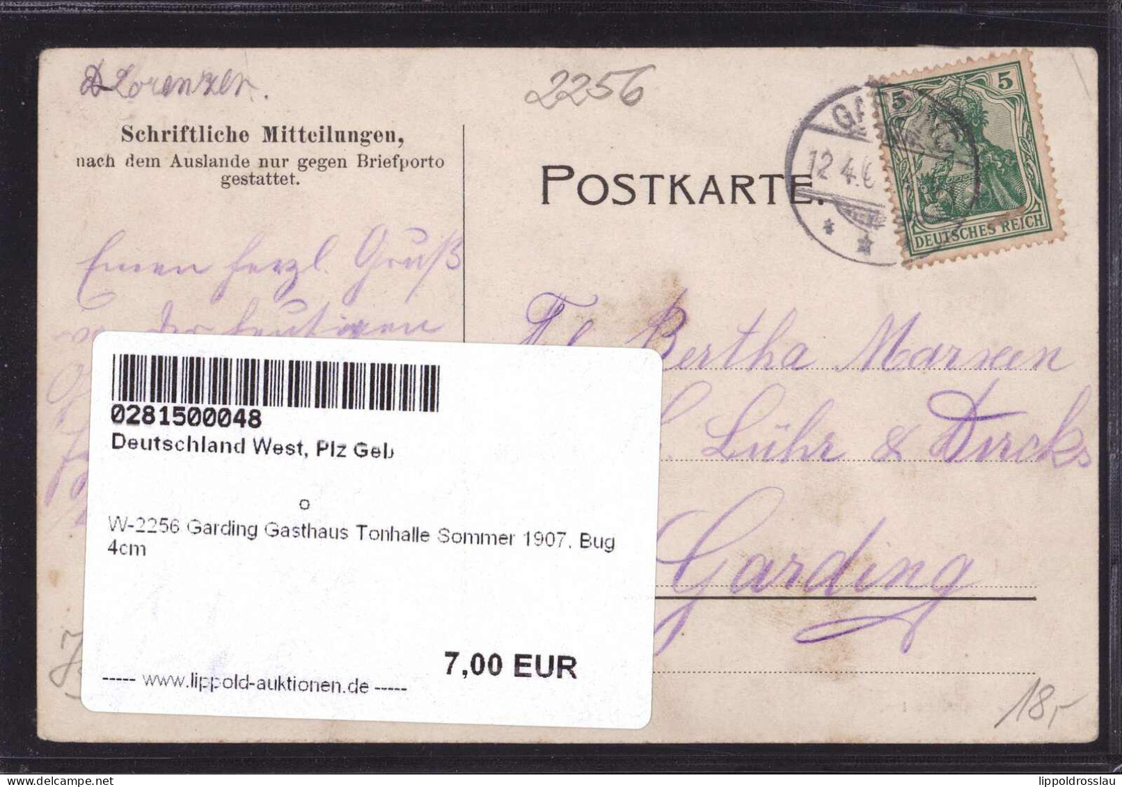 Gest. W-2256 Garding Gasthaus Tonhalle Sommer 1907, Bug 4cm - Husum