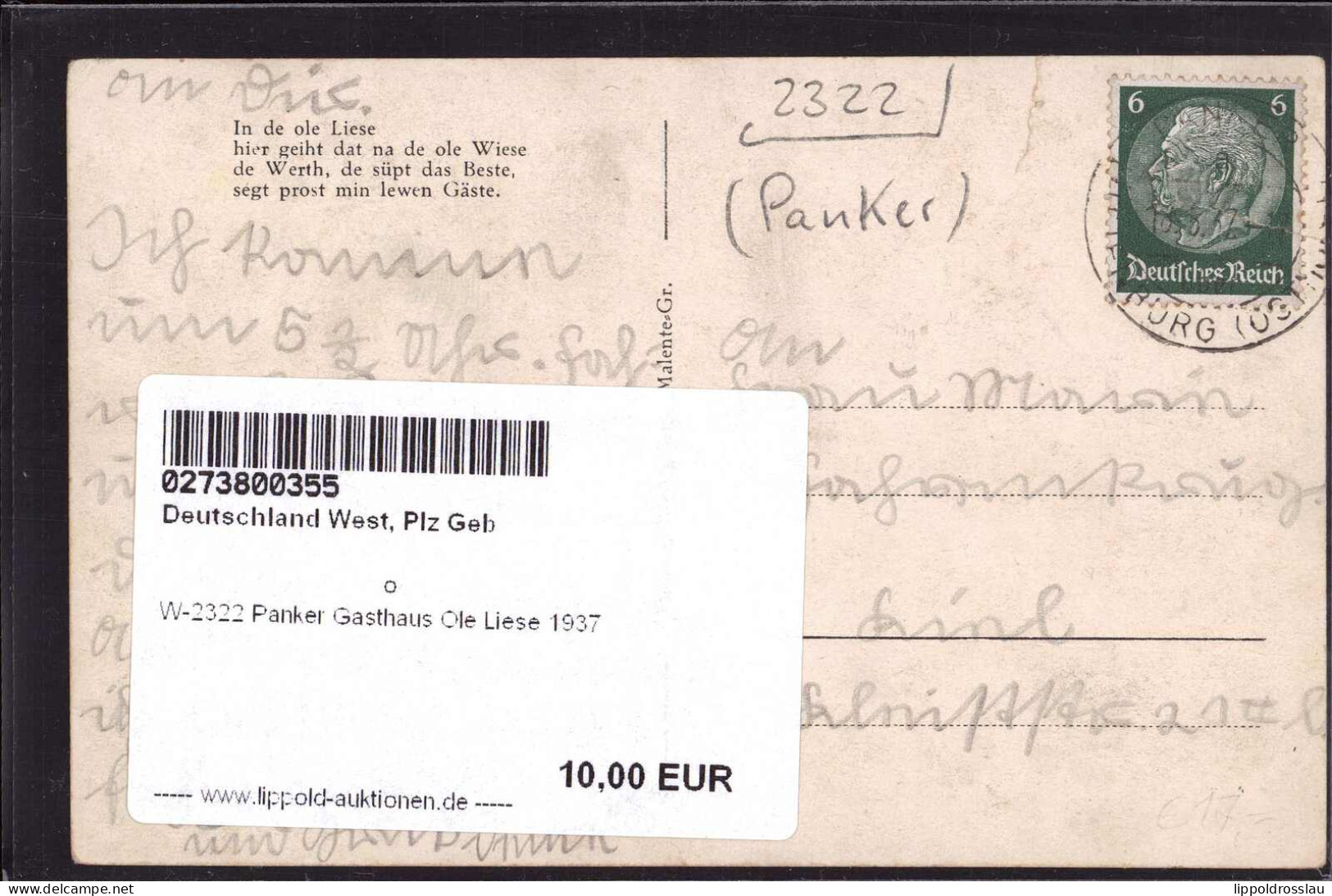 Gest. W-2322 Panker Gasthaus Ole Liese 1937 - Ploen
