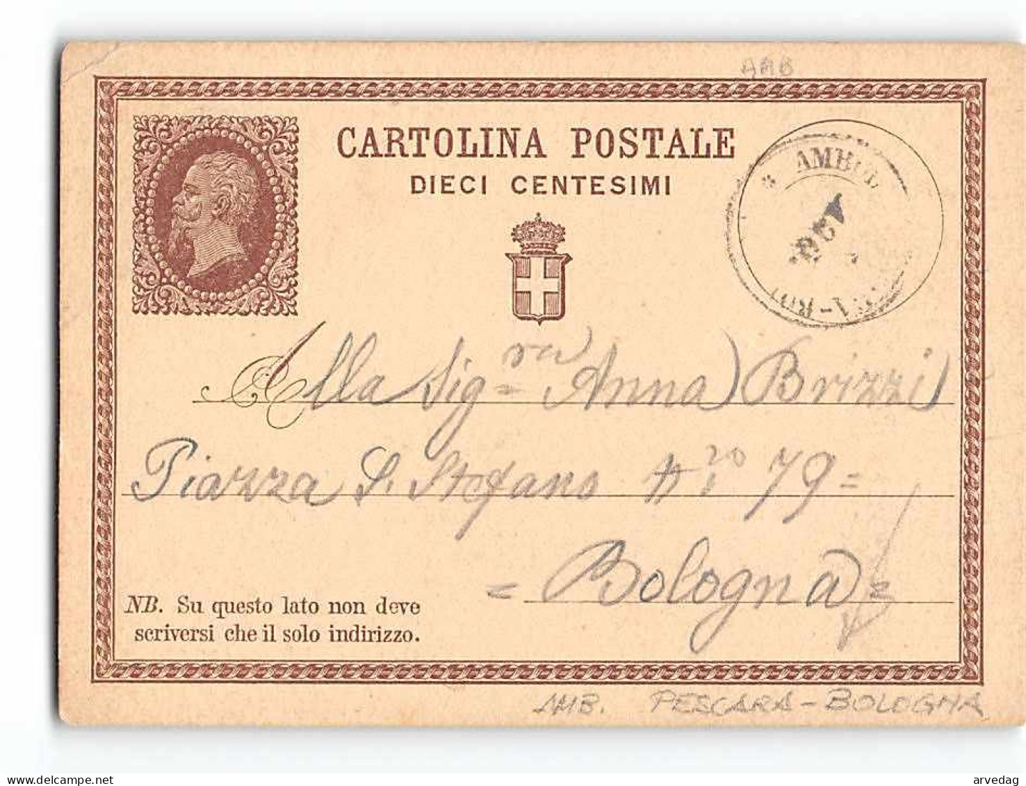 16469  CARTOLINA POSTALE 10 CENT  Da RIMINI X BOLOGNA - TIMBRO AMBULANTE PESCARA BOLOGNA - ANNO 1875 - Entero Postal