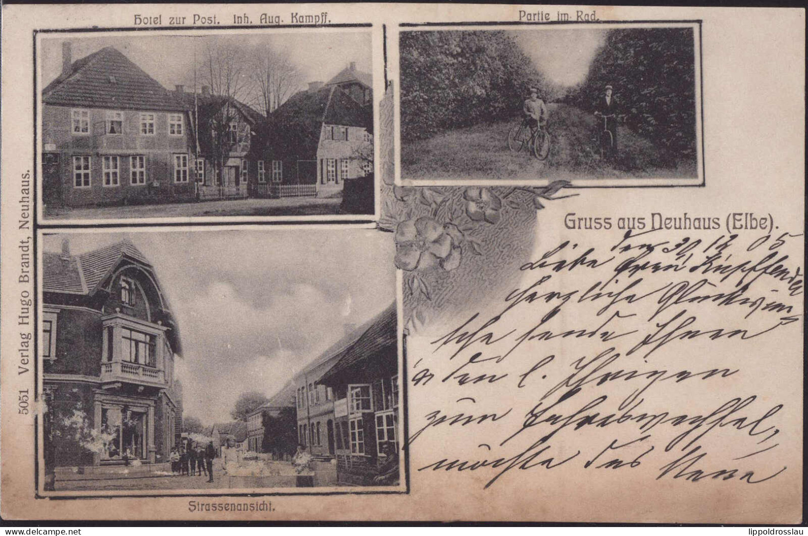 Gest. W-2391 Neuhaus Elbe Hotel Gasthaus Zur Post Straßenpartie, Fleckig 1905 - Flensburg