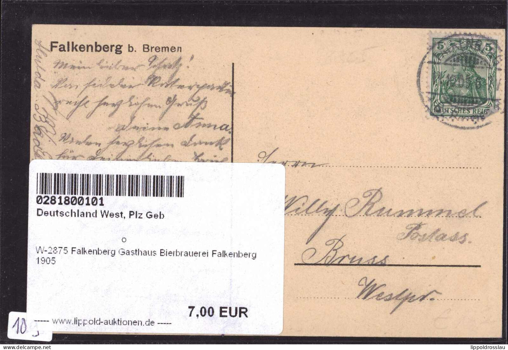 Gest. W-2875 Falkenberg Gasthaus Bierbrauerei Falkenberg 1905 - Delmenhorst