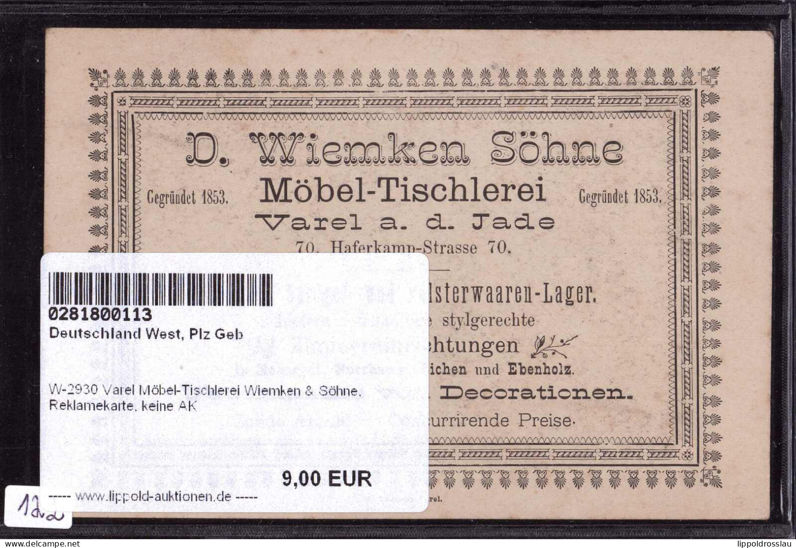 * W-2930 Varel Möbel-Tischlerei Wiemken & Söhne, Reklamekarte, Keine AK - Varel