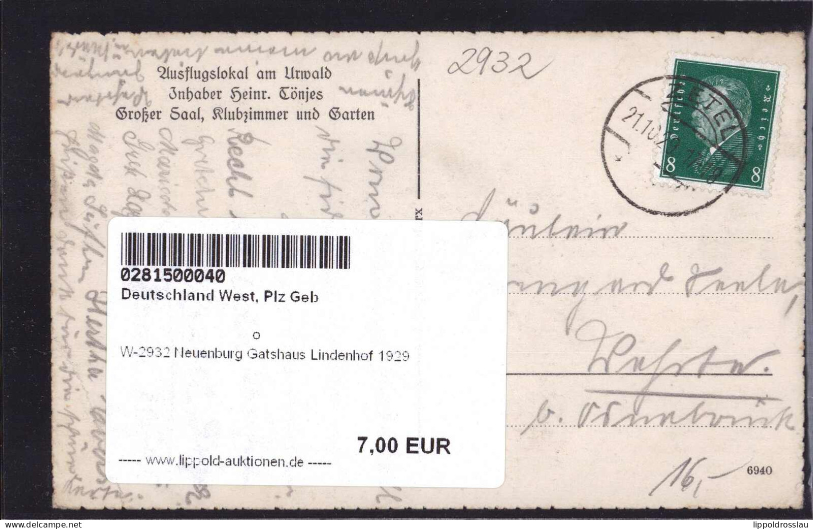 Gest. W-2932 Neuenburg Gatshaus Lindenhof 1929 - Varel