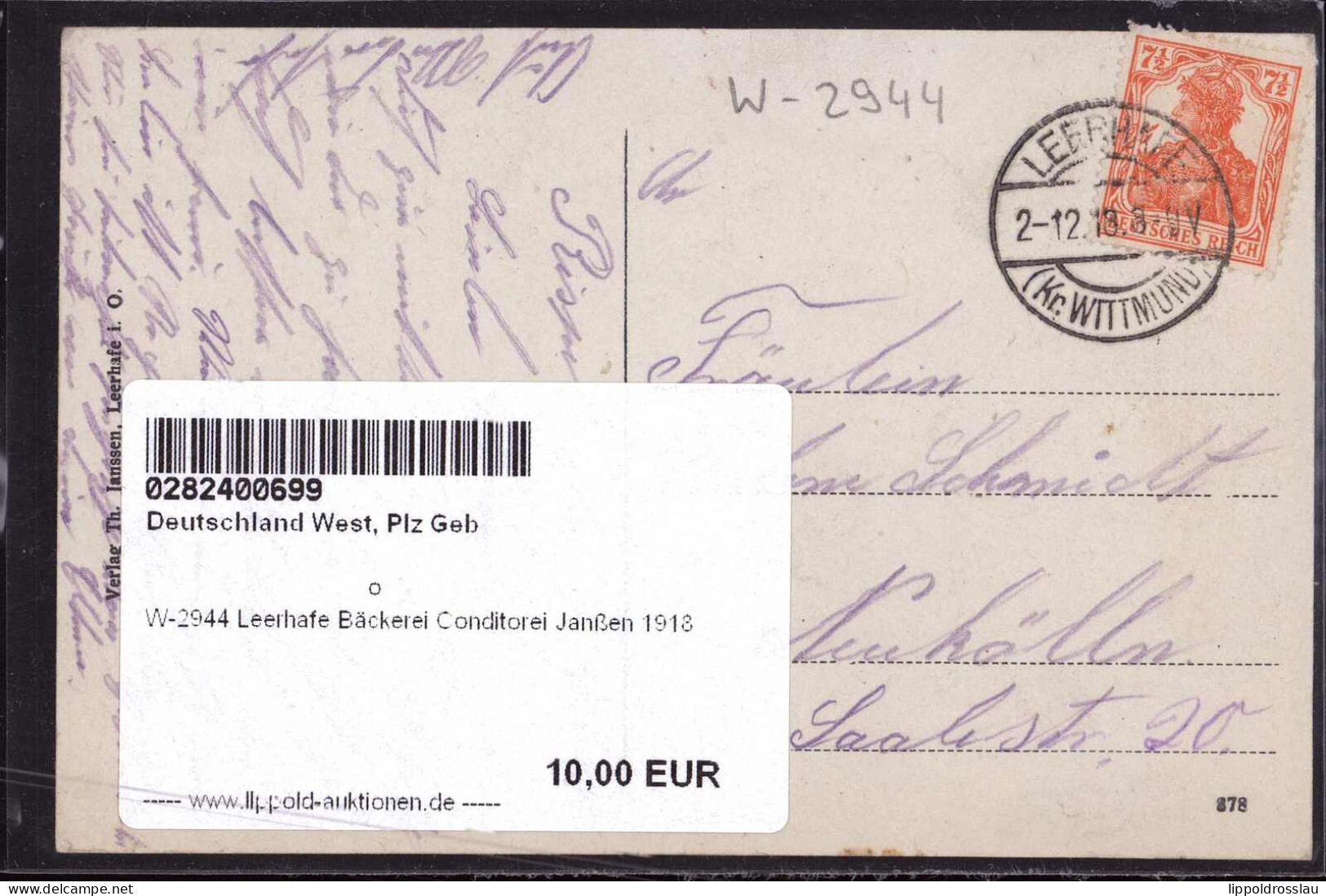 Gest. W-2944 Leerhafe Bäckerei Conditorei Janßen 1918 - Wilhelmshaven
