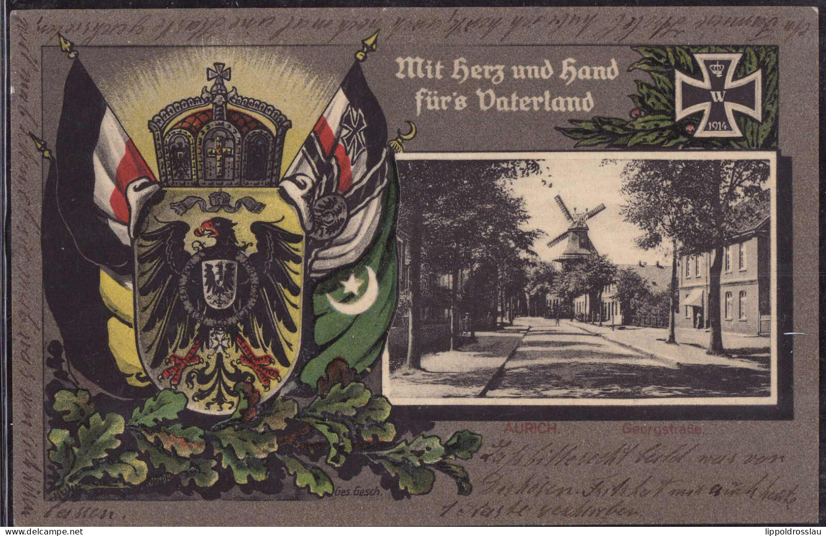 Gest. W-2960 Aurich Georgstraße Patriotik, Feldpost 1915 - Leer