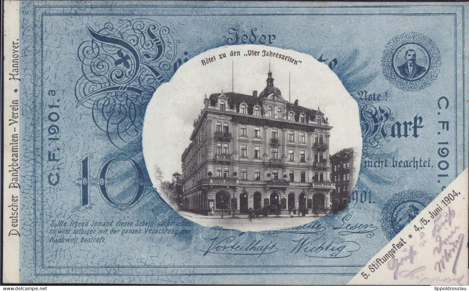 Gest. W-3000 Hannover Gasthaus Hotel Zu Den Vier Jahreszeiten 5. Stiftungsfest Bankbeamtenverein 1904 - Hannover
