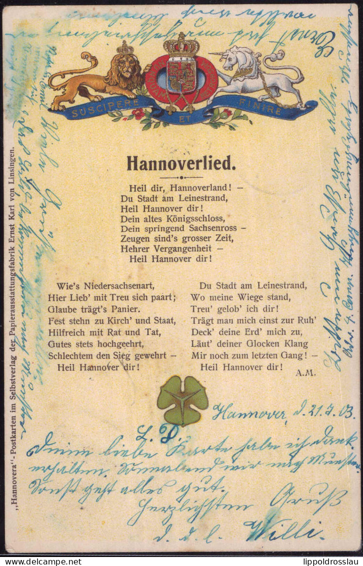 Gest. W-3000 Hannover Hannoverlied Prägekarte 1903 - Hannover