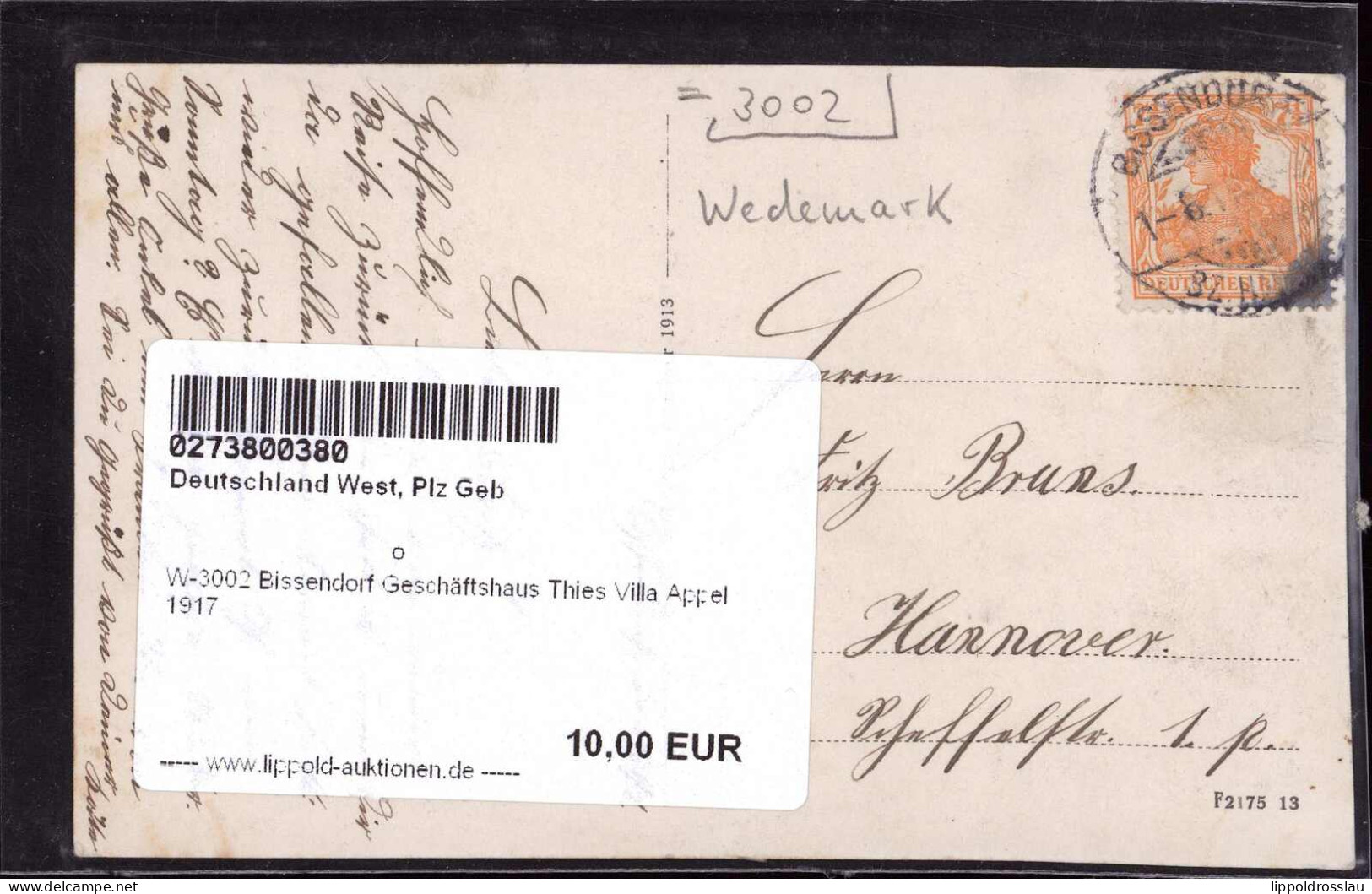 Gest. W-3002 Bissendorf Geschäftshaus Thies Villa Appel 1917 - Hannover