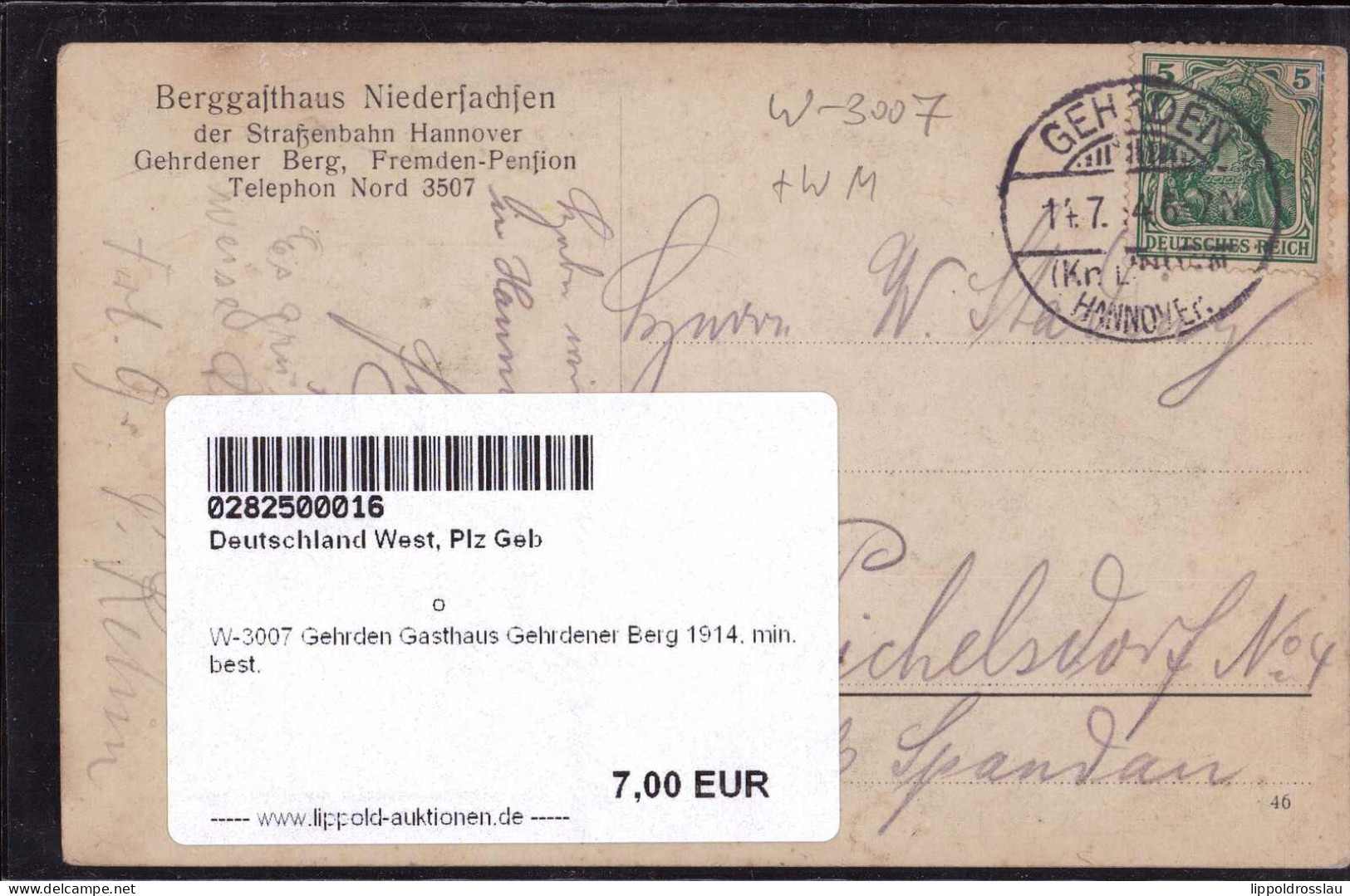 Gest. W-3007 Gehrden Gasthaus Gehrdener Berg 1914, Min. Best. - Hannover