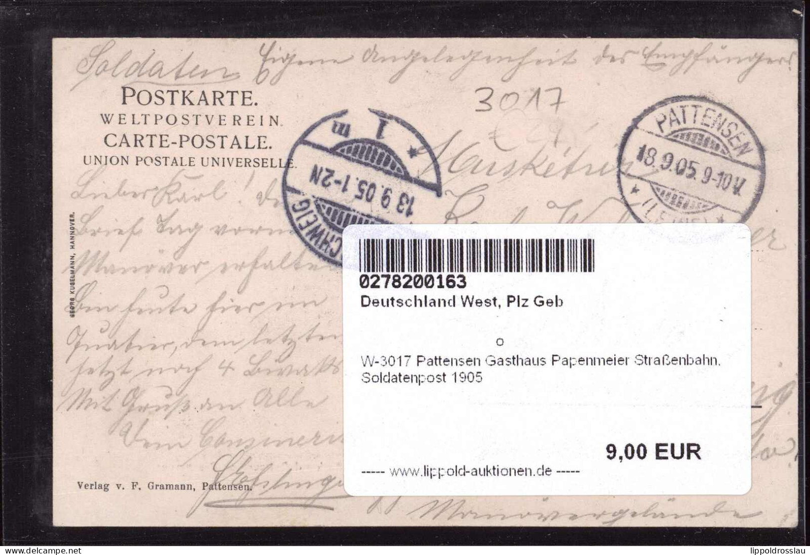 Gest. W-3017 Pattensen Gasthaus Papenmeier Straßenbahn, Soldatenpost 1905 - Hannover