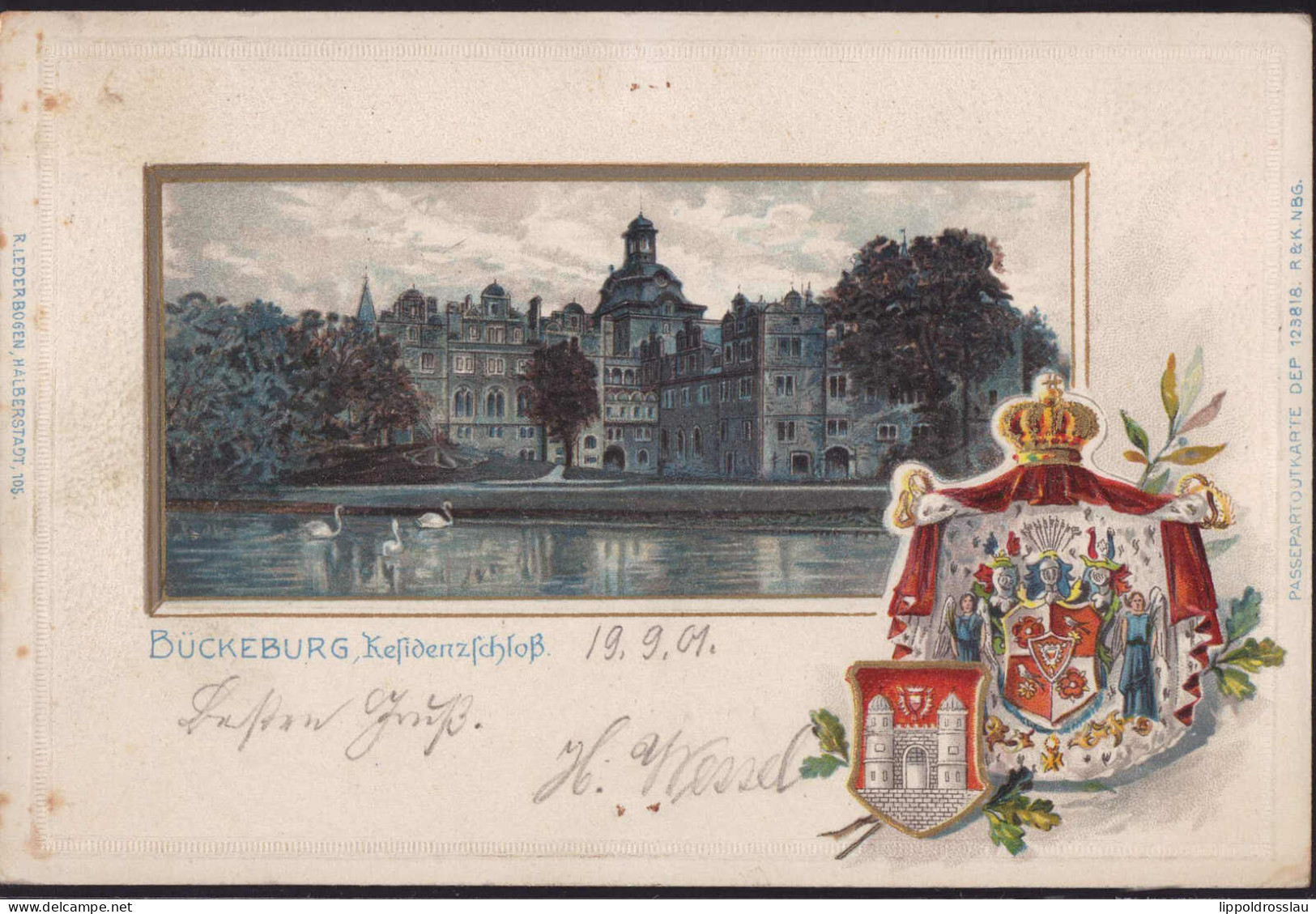Gest. W-3062 Bückeburg Schloß 1901, Wappen-Prägekarte - Stadthagen