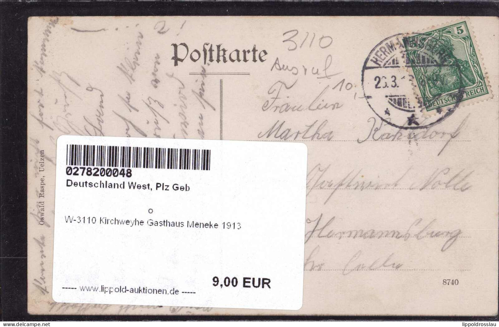 Gest. W-3110 Kirchweyhe Gasthaus Meneke 1913 - Uelzen