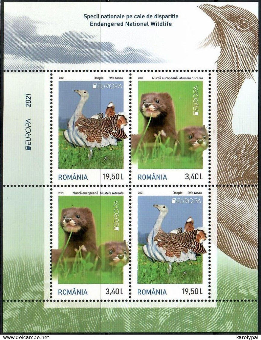 Romania, 2021, UNUSED, Mi. Bl. Nr.864 II, Europa (C.E.P.T.) 2021 - Endangered Species (VL-2-7-1) - Unused Stamps