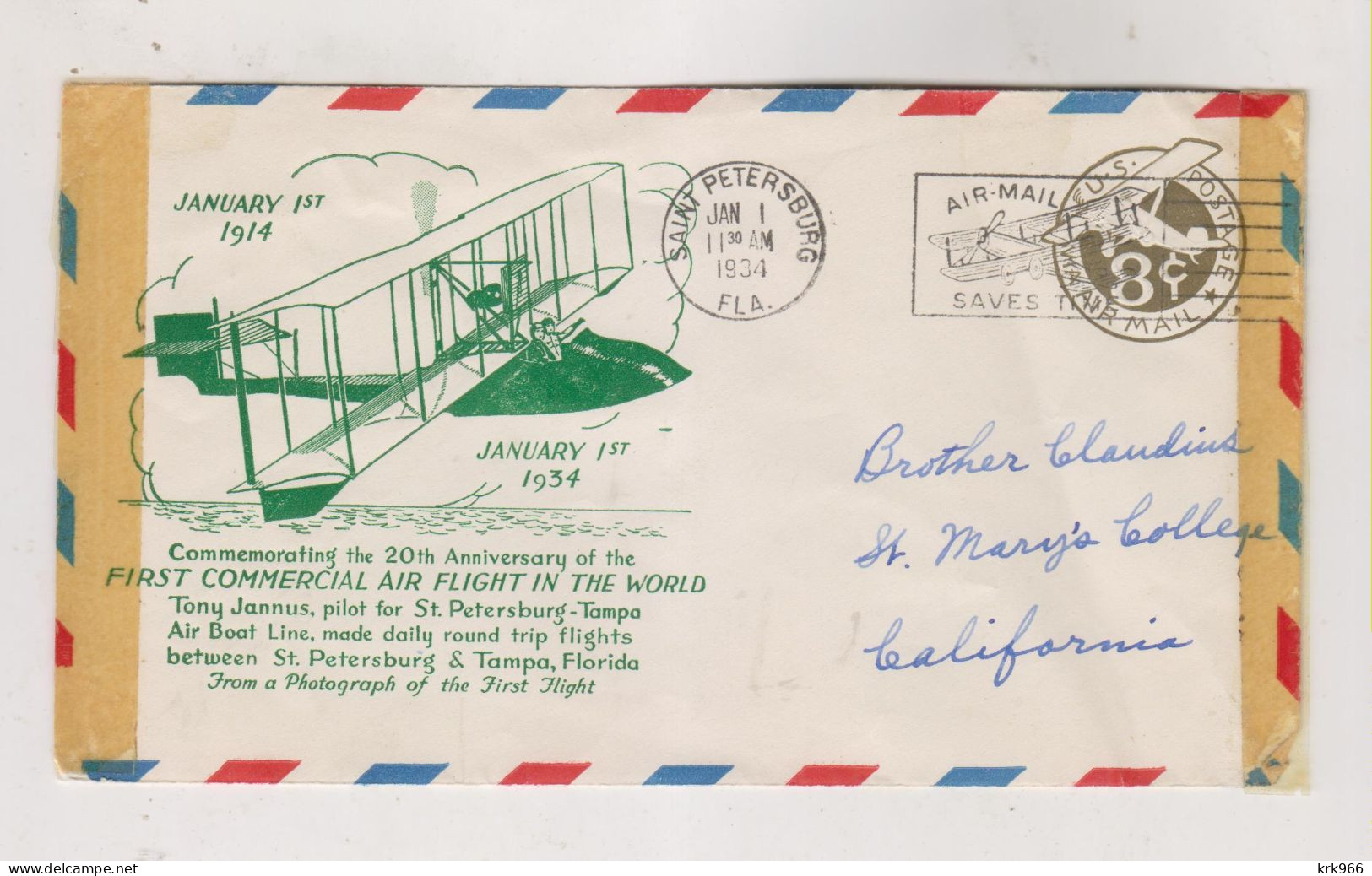 UNITED STATES 1934 Airmail Cover SAINT PETERSBURG - 1c. 1918-1940 Covers