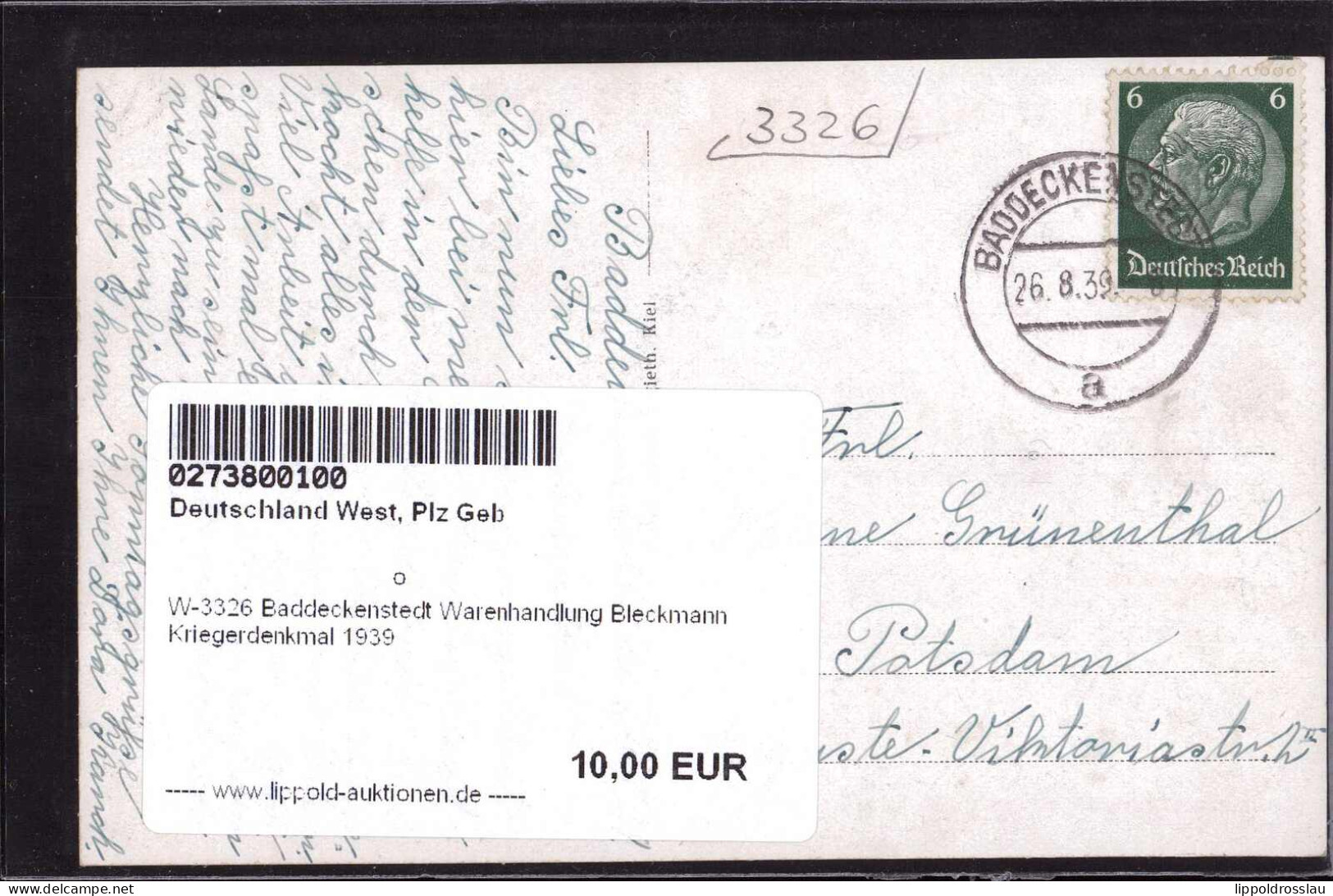 Gest. W-3326 Baddeckenstedt Warenhandlung Bleckmann Kriegerdenkmal 1939 - Salzgitter