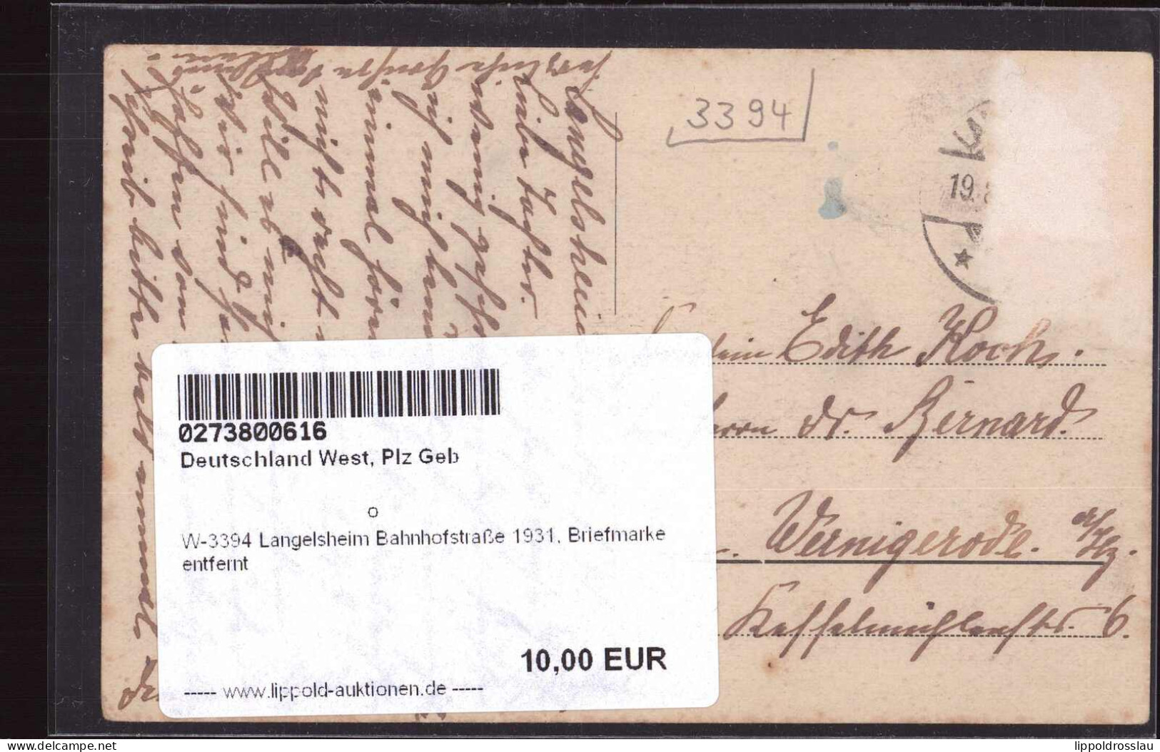 Gest. W-3394 Langelsheim Bahnhofstraße 1931, Briefmarke Entfernt - Goslar