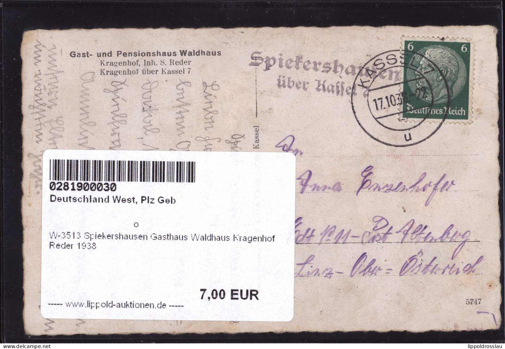 Gest. W-3513 Spiekershausen Gasthaus Waldhaus Kragenhof Reder 1938 - Hannoversch Muenden