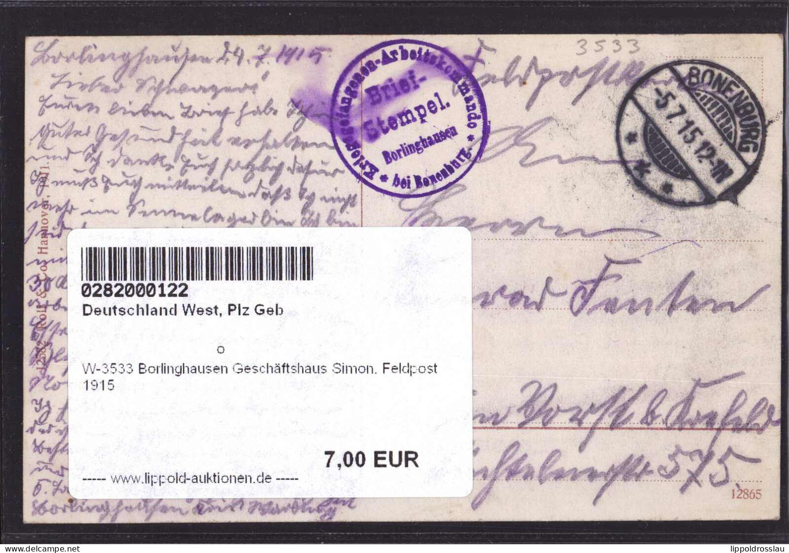 Gest. W-3533 Borlinghausen Geschäftshaus Simon, Feldpost 1915 - Warburg