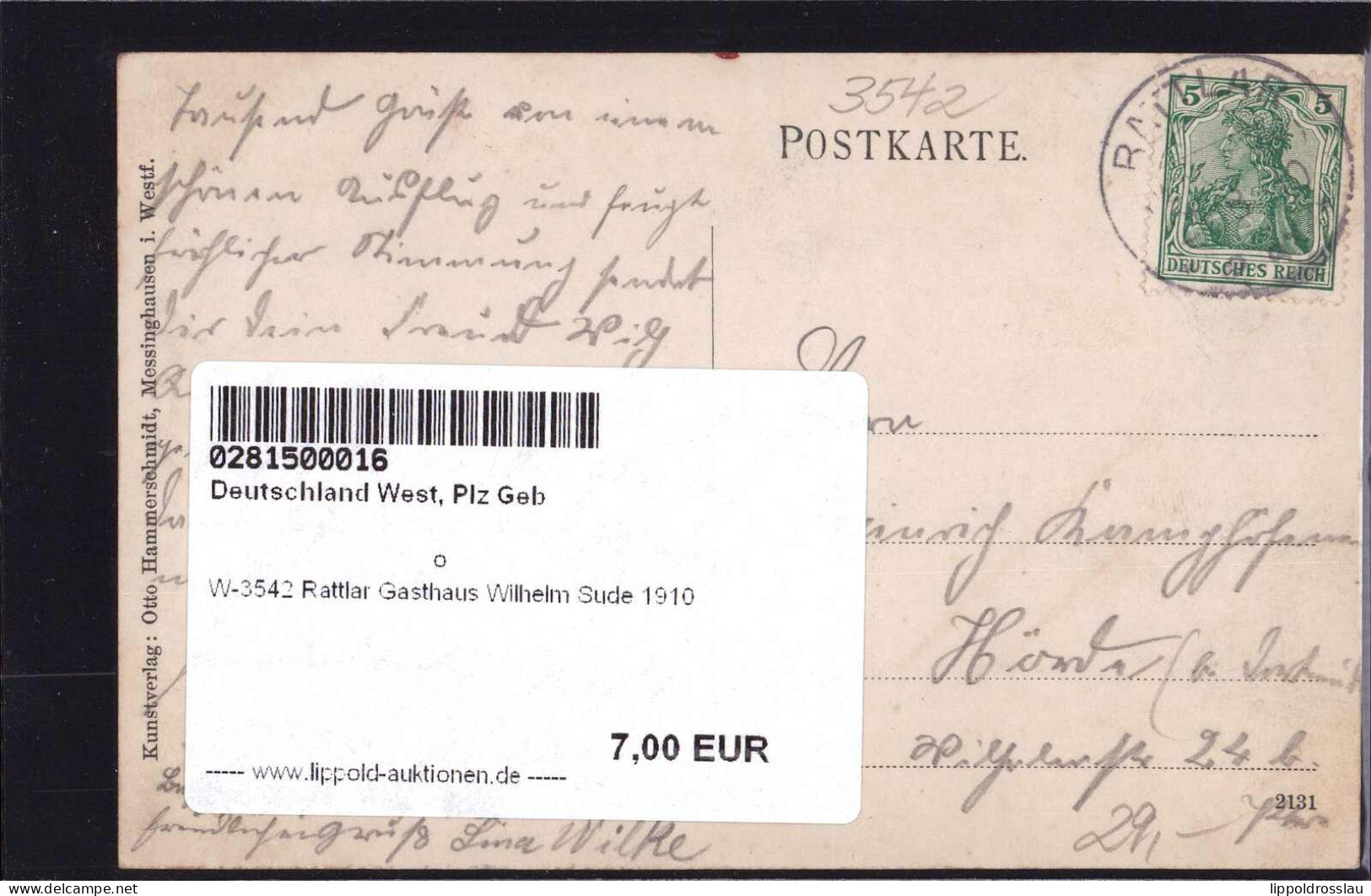 Gest. W-3542 Rattlar Gasthaus Wilhelm Sude 1910 - Korbach