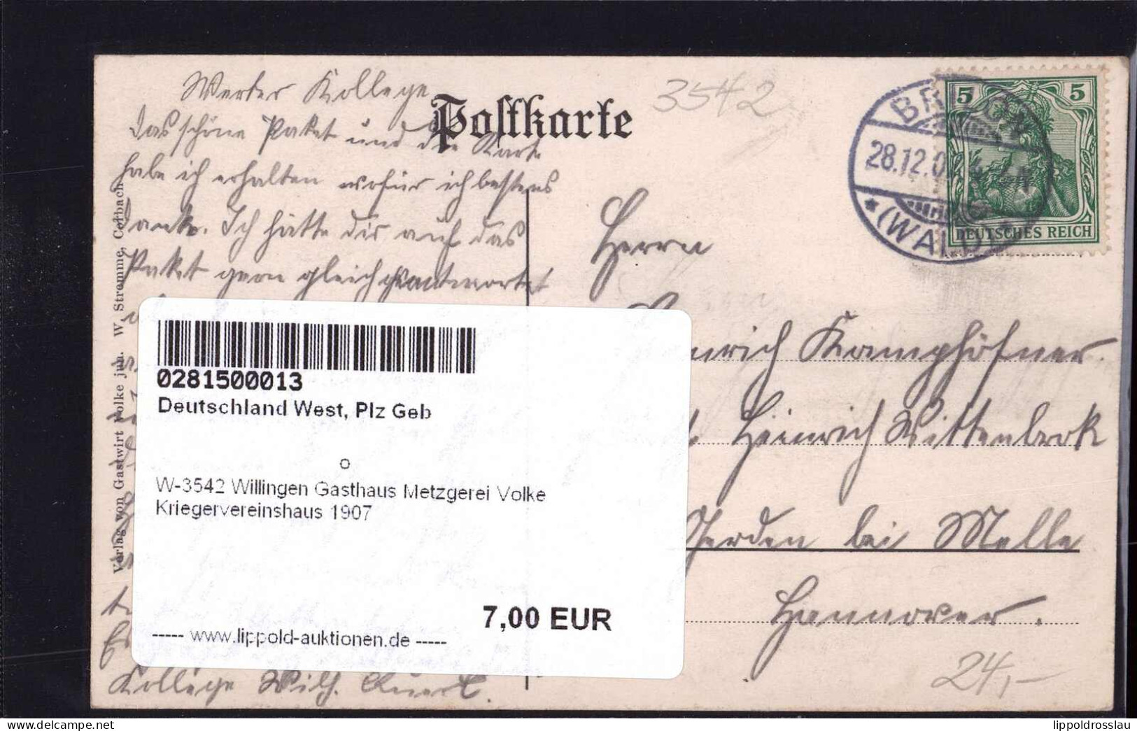 Gest. W-3542 Willingen Gasthaus Metzgerei Volke Kriegervereinshaus 1907 - Korbach