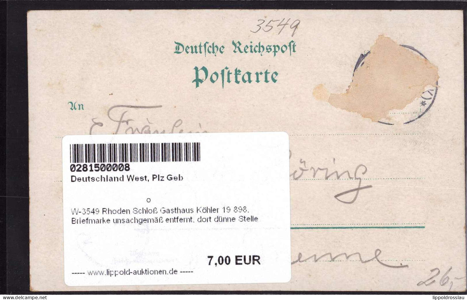 Gest. W-3549 Rhoden Schloß Gasthaus Köhler 19'898, Briefmarke Unsachgemäß Entfernt, Dort Dünne Stelle - Korbach