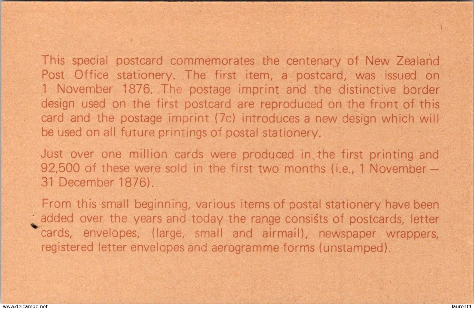 26-4-2024 (4 Y 6) Centenary Of The First Postcard Issued In New Zealand (1-11-1876) 1-11-1976 (1 Card) - Poste & Postini