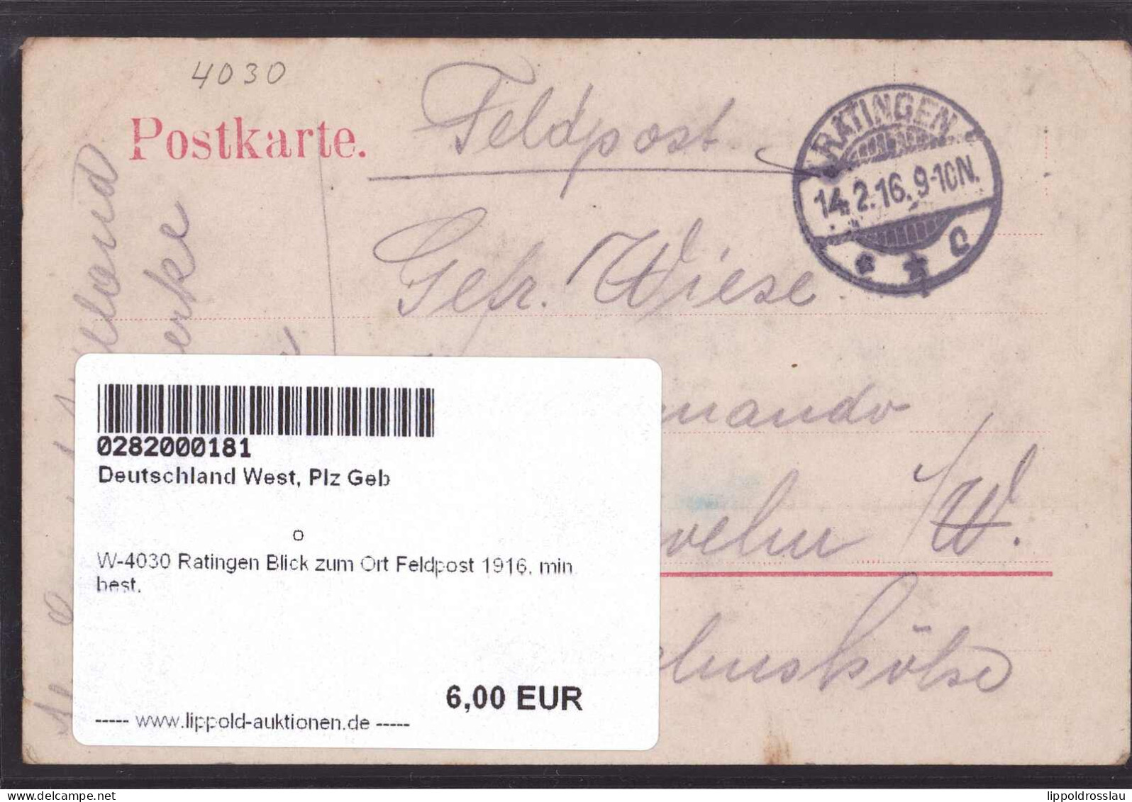 Gest. W-4030 Ratingen Blick Zum Ort Feldpost 1916, Min. Best. - Ratingen