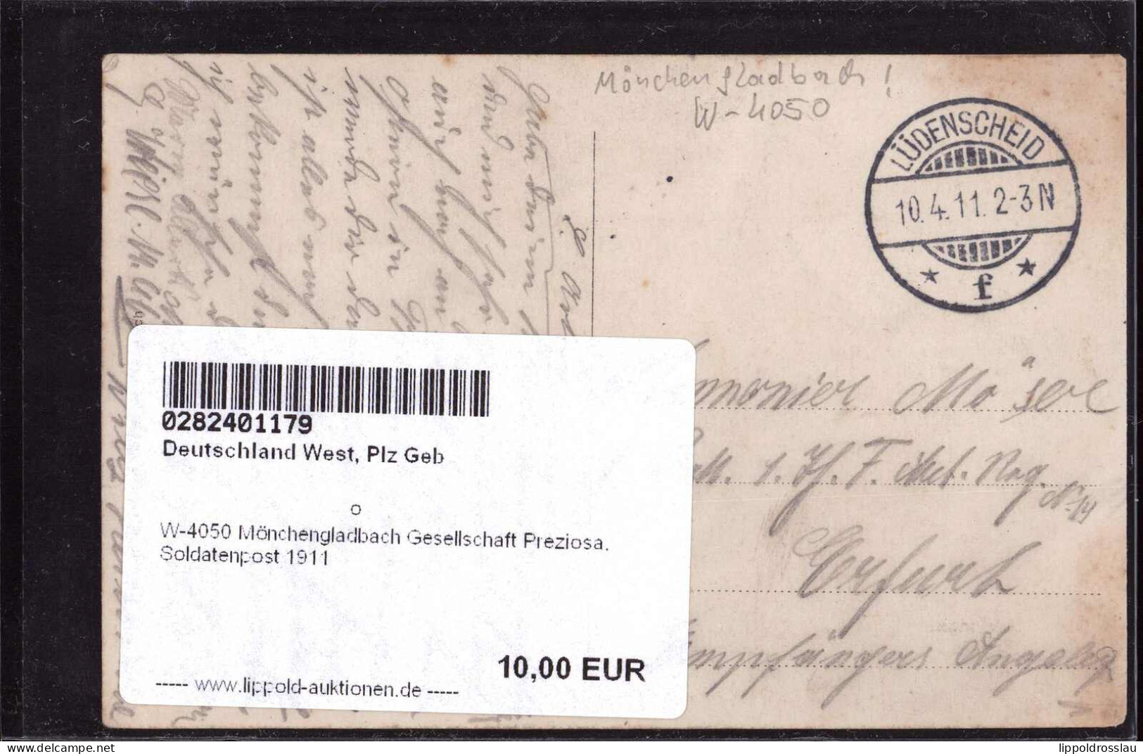 Gest. W-4050 Mönchengladbach Gesellschaft Preziosa, Soldatenpost 1911 - Mönchengladbach