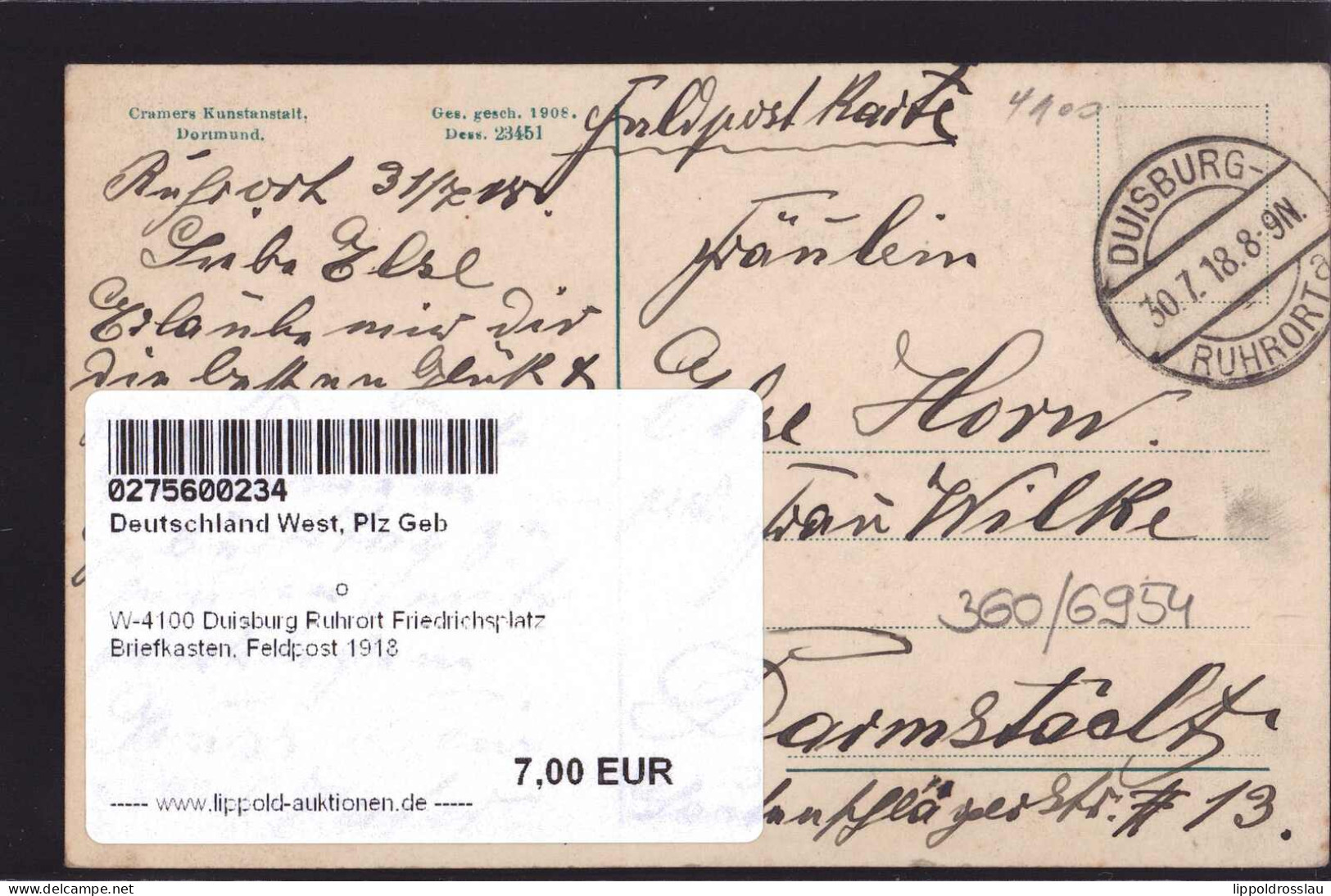 Gest. W-4100 Duisburg Ruhrort Friedrichsplatz Briefkasten, Feldpost 1918 - Duisburg