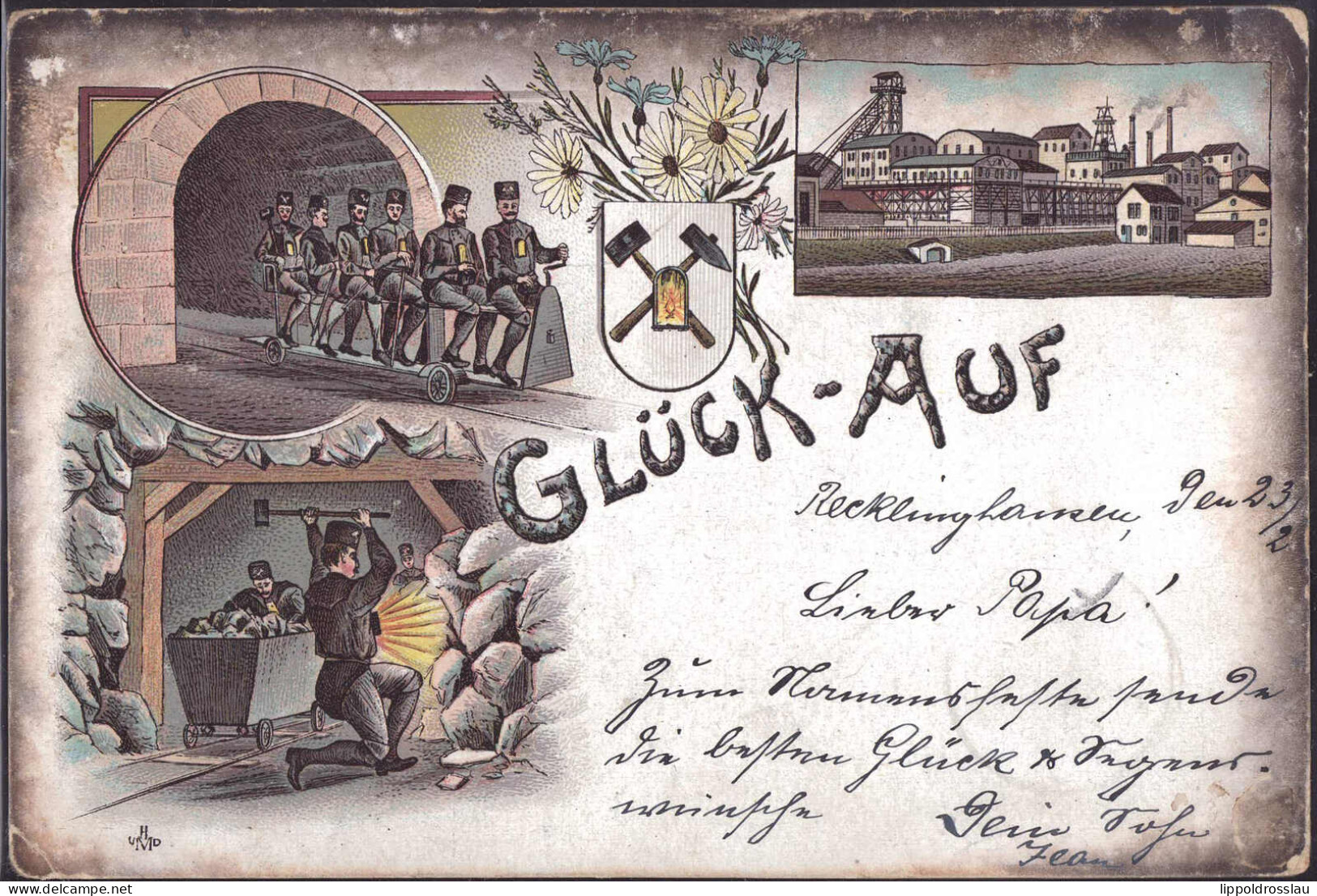 Gest. W-4350 Recklinghausen Zeche Glück Auf 1898, Briefmarke Entfernt, Ecken Best. - Recklinghausen