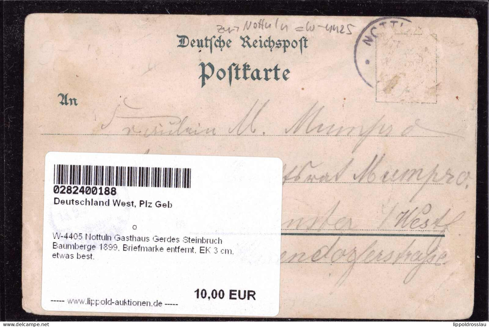 Gest. W-4405 Nottuln Gasthaus Gerdes Steinbruch Baumberge 1899, Briefmarke Entfernt, EK 3 Cm, Etwas Best. - Muenster