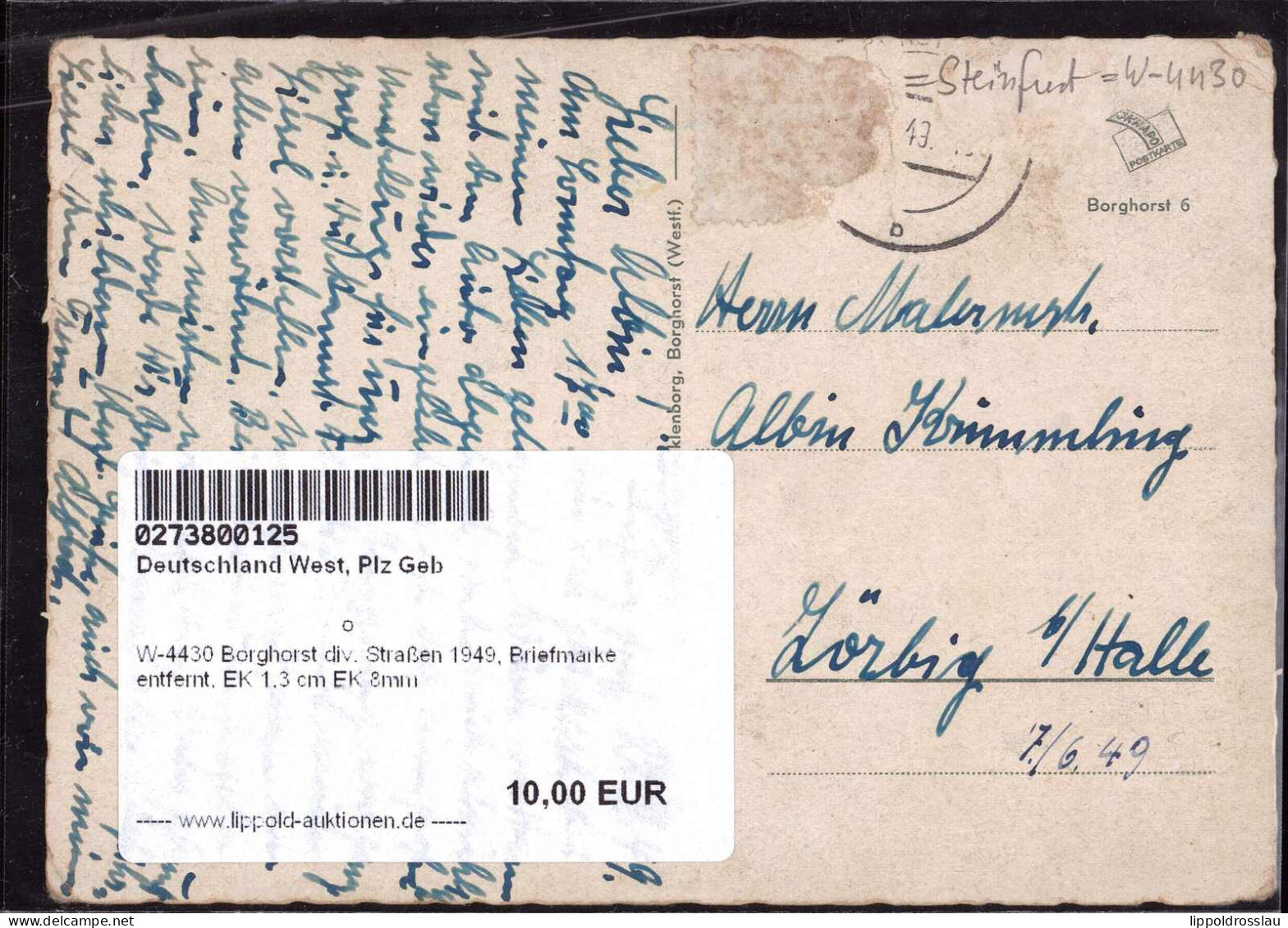 Gest. W-4430 Borghorst Div. Straßen 1949, Briefmarke Entfernt, EK 1,3 Cm EK 8mm - Steinfurt